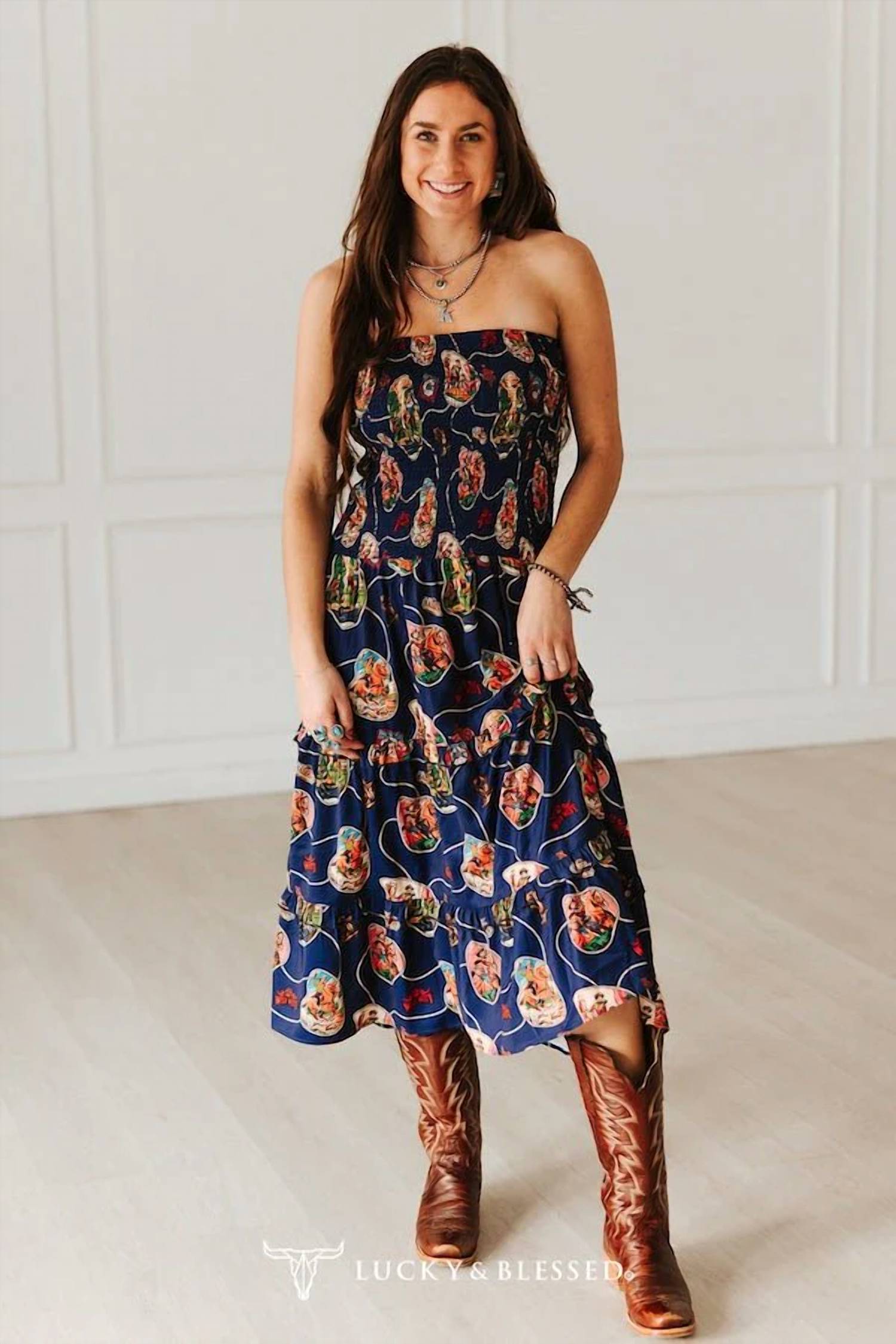 Lucky & Blessed - Retro Rodeo Print Smocked Strapless Western Midi Dress