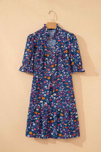 Pretty Bash - Floral Split Neck Puff Sleeve Mini Dress