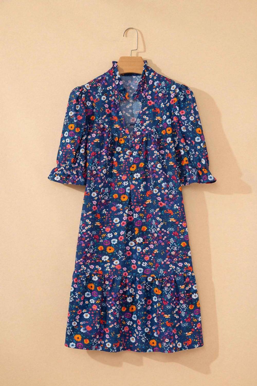 Pretty Bash - Floral Split Neck Puff Sleeve Mini Dress