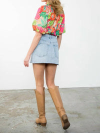THML Puff Sleeve Floral Print Top in coral - women's blouse - alternate view
