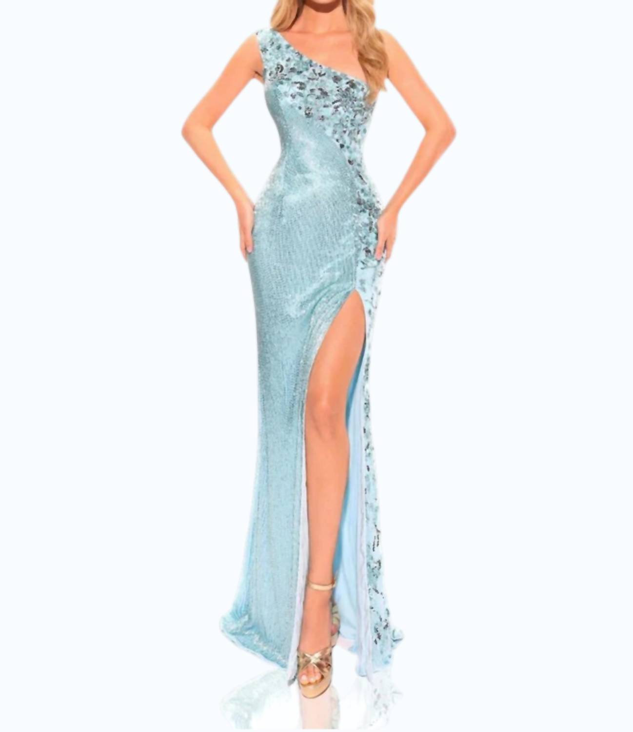 Amarra - Fitted Beaded Sequin One Shoulder Slit Gown