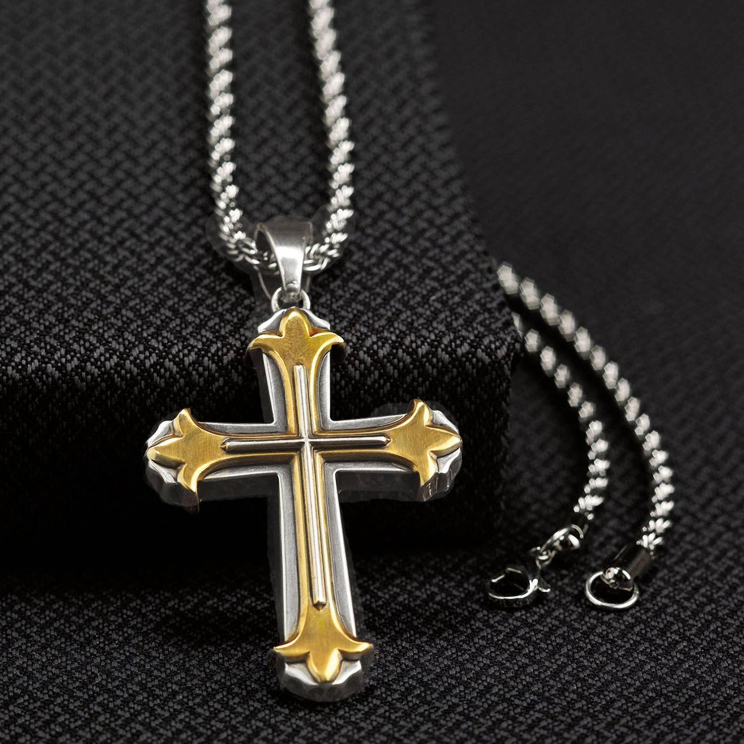 Twister Cowboy Hats Men's Cross Necklace in silver gold - men's jewelry - detail view