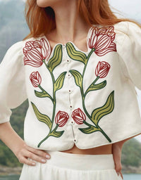 Farm Rio - Flower Embroidered Crop Top
