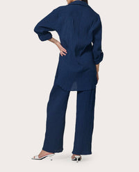 LUSANA Resort Collared Short Sleeve Shirt in indigo - women's blouse - detail view