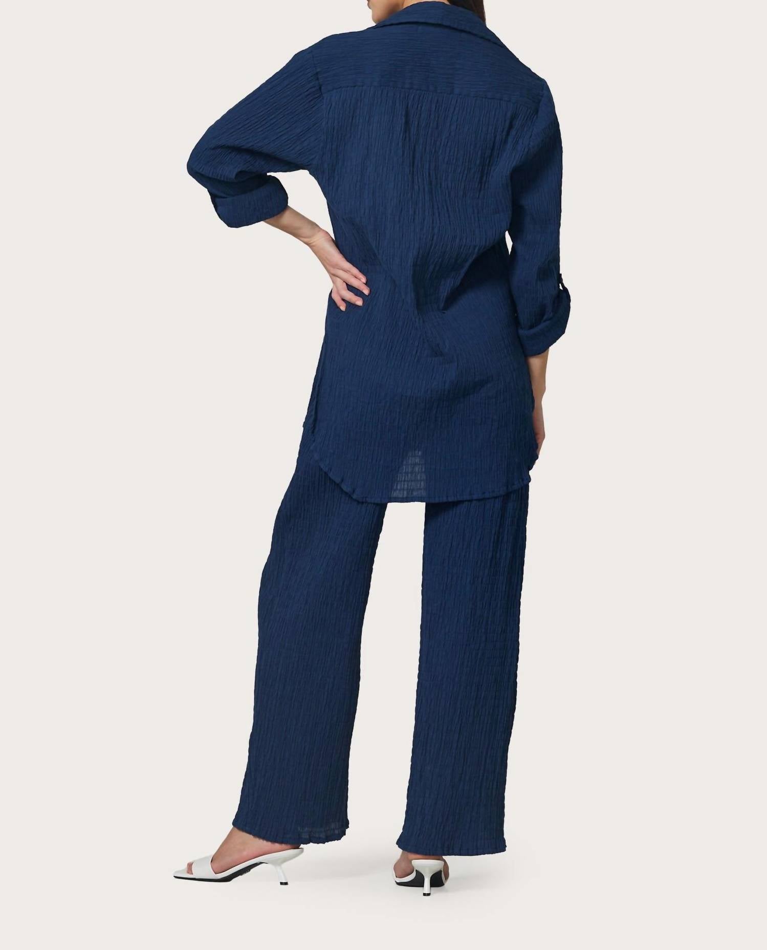 LUSANA Resort Collared Short Sleeve Shirt in indigo - women's blouse - detail view