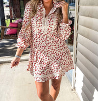 Very J - Floral Printed Lace Trim Collared Champagne Mini Dress