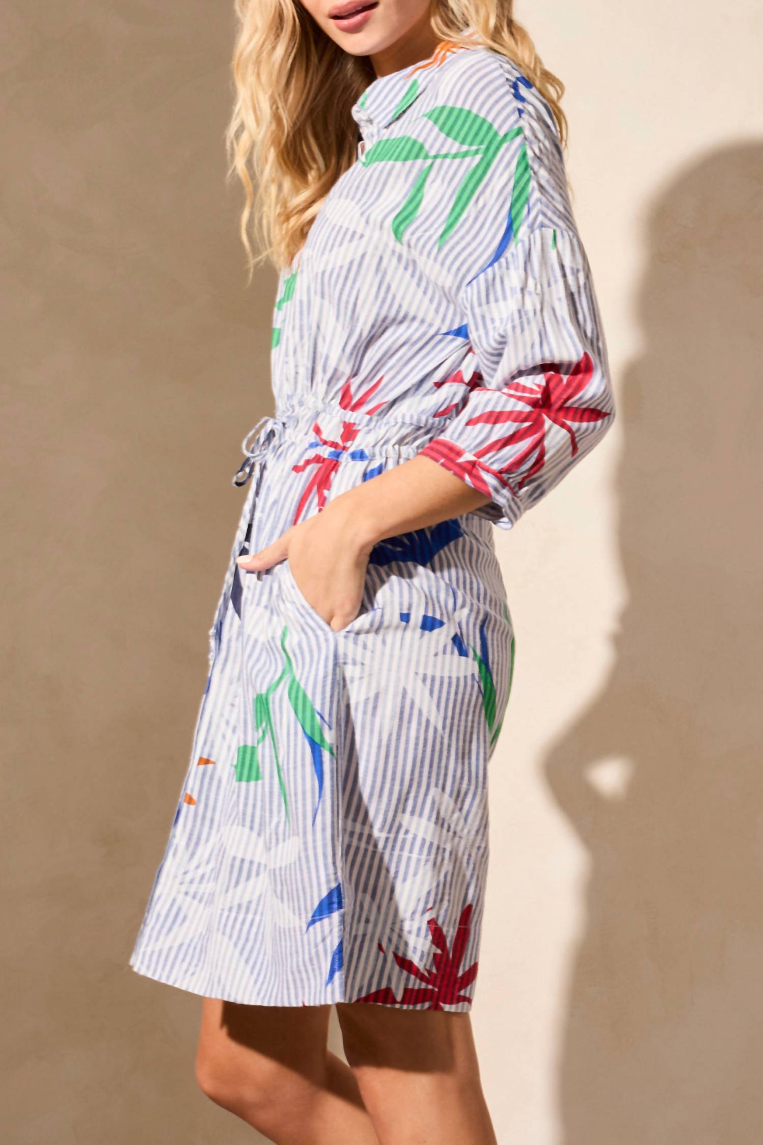 Tribal - Water Print Tie-waist Mini Dress With Pockets