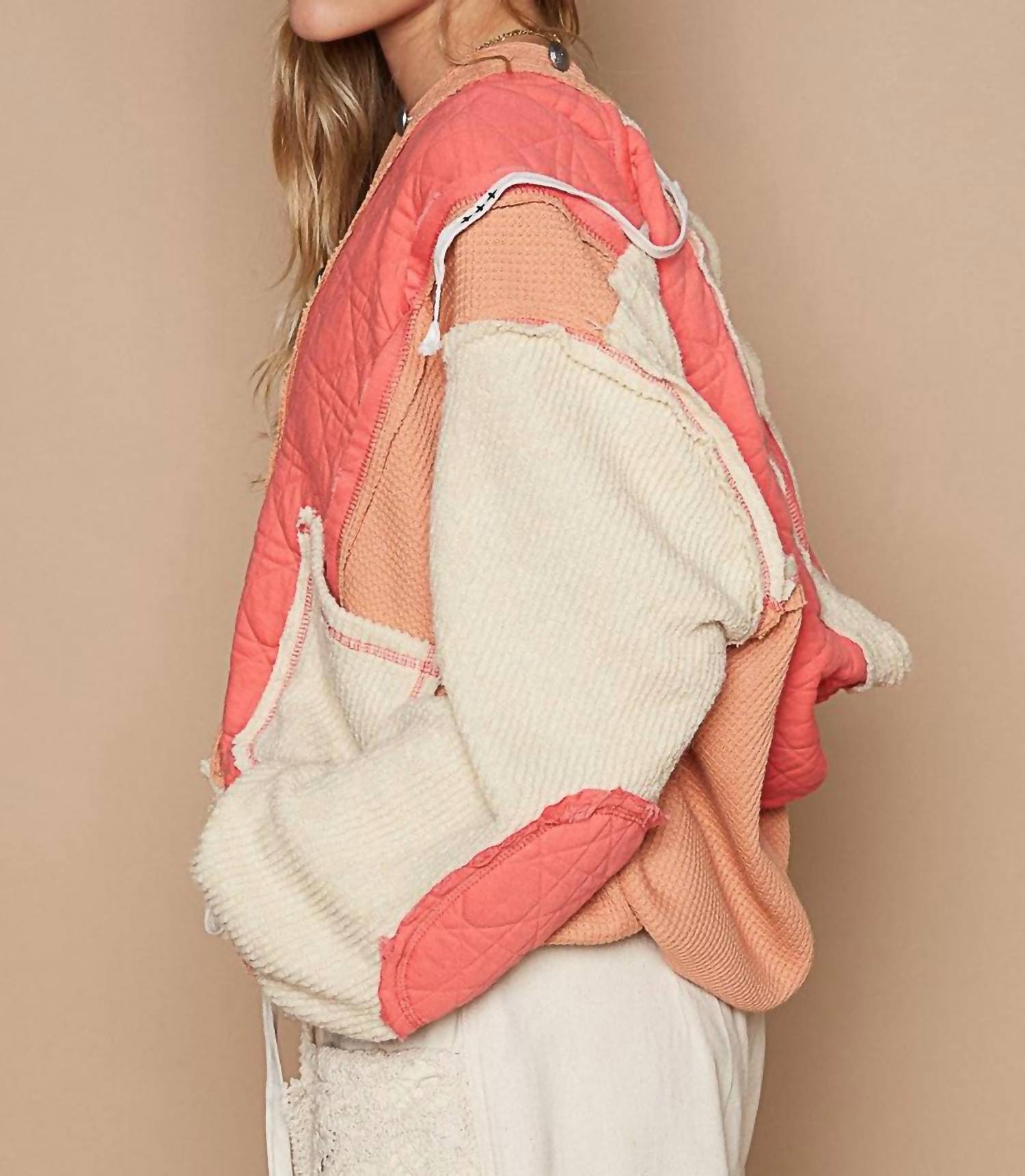 Pol - Mixed Fabric Hooded Button Down Shacket