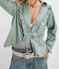 Free People Tattered And Ruffled Denim Top in vintage tint wash - women's blouse - alternate view