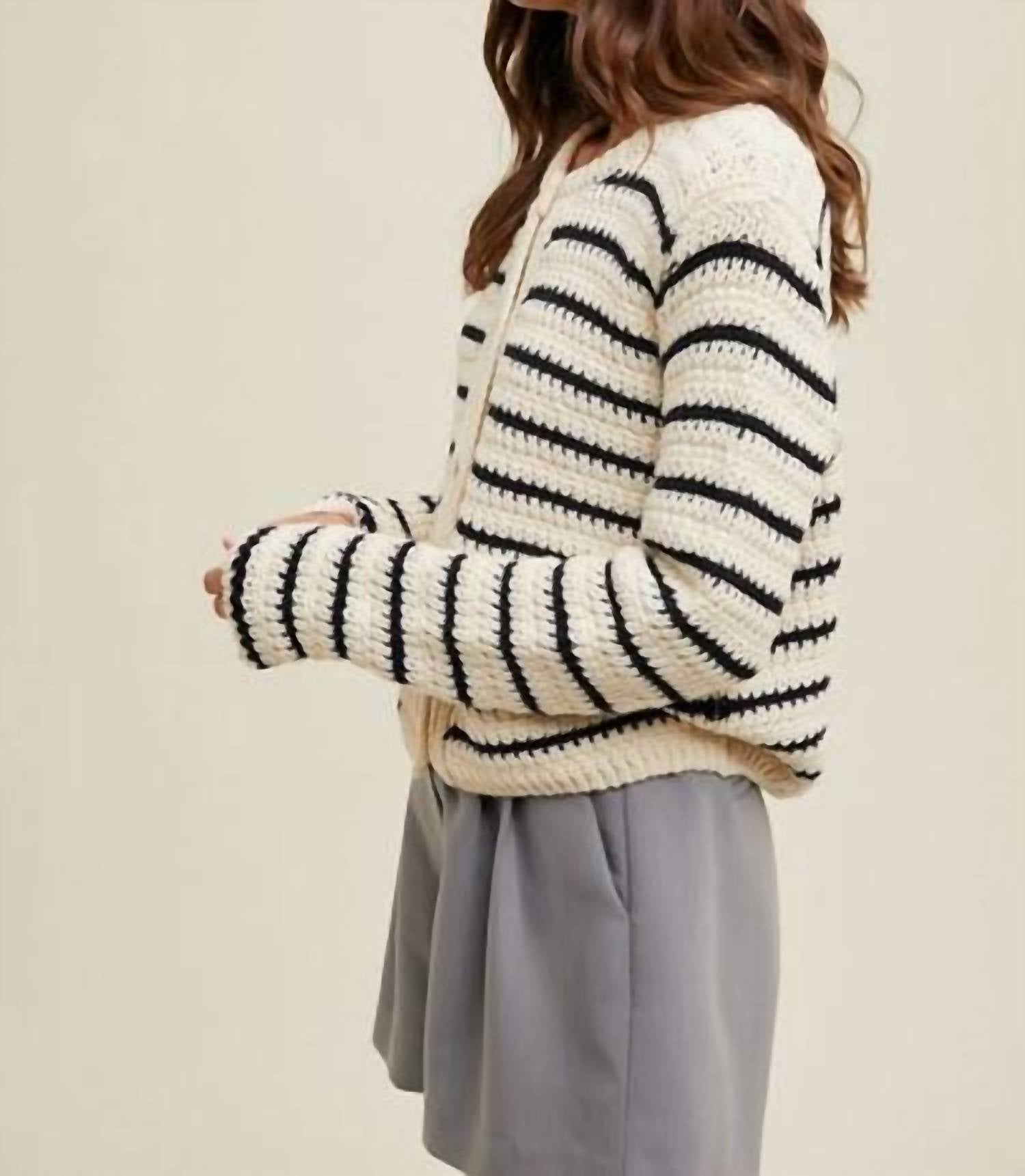 Another Love - Stripped Button Front Crochet Cardigan