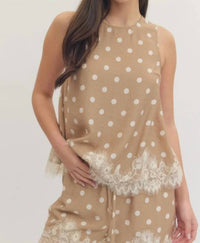 Entro - Latte Polka Dot Lace Trim Blouse