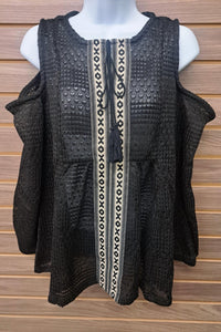 Simply Noelle - Women's Cold Shoulder Tie At Neck Long Sleeved Top