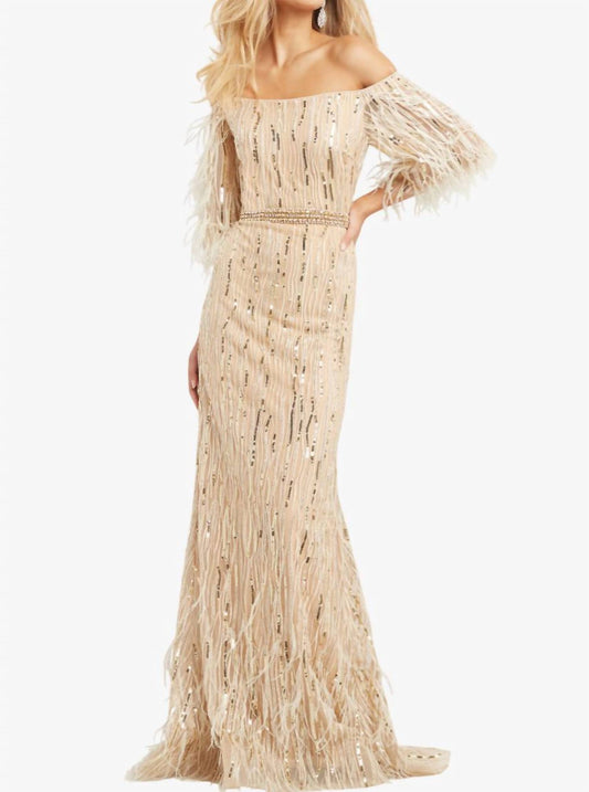 Jovani - Off The Shoulder Feather Dress