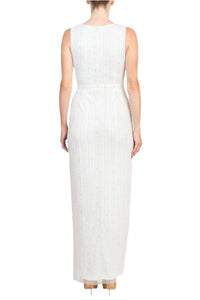 Adrianna Papell - V-neck Beaded & Sequined Sleeveless Banded Waist Slit Front Mesh Dress