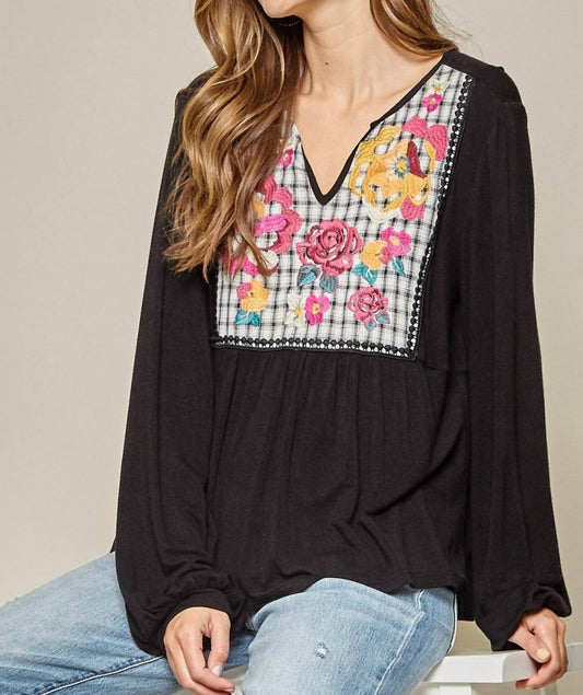 Andree By Unit - Embroidered Plaid Babydoll Top