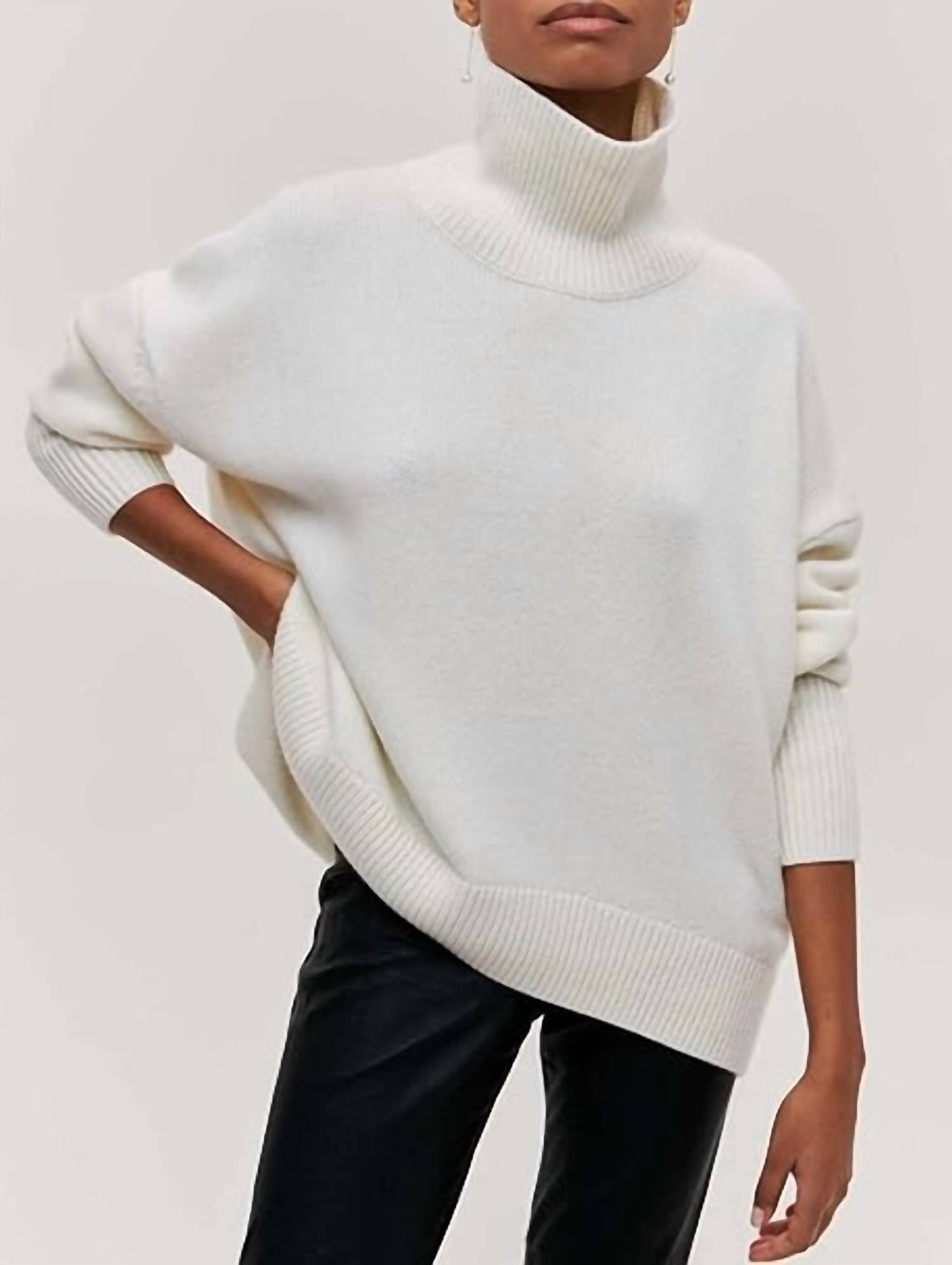 Rosa Clothing Soft Oversized Turtleneck Sweater in white - women's sweater - detail view