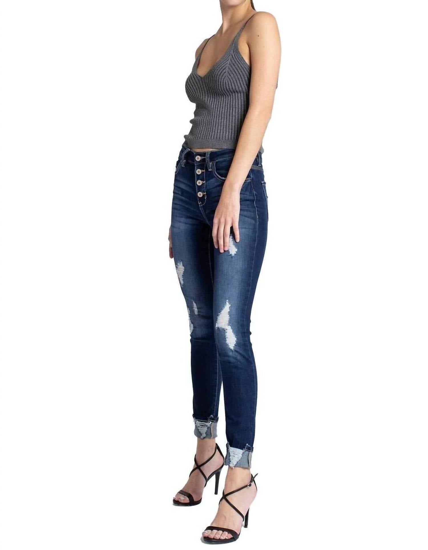 Kancan - High Rise Button Fly Distressed Super Skinny Jeans