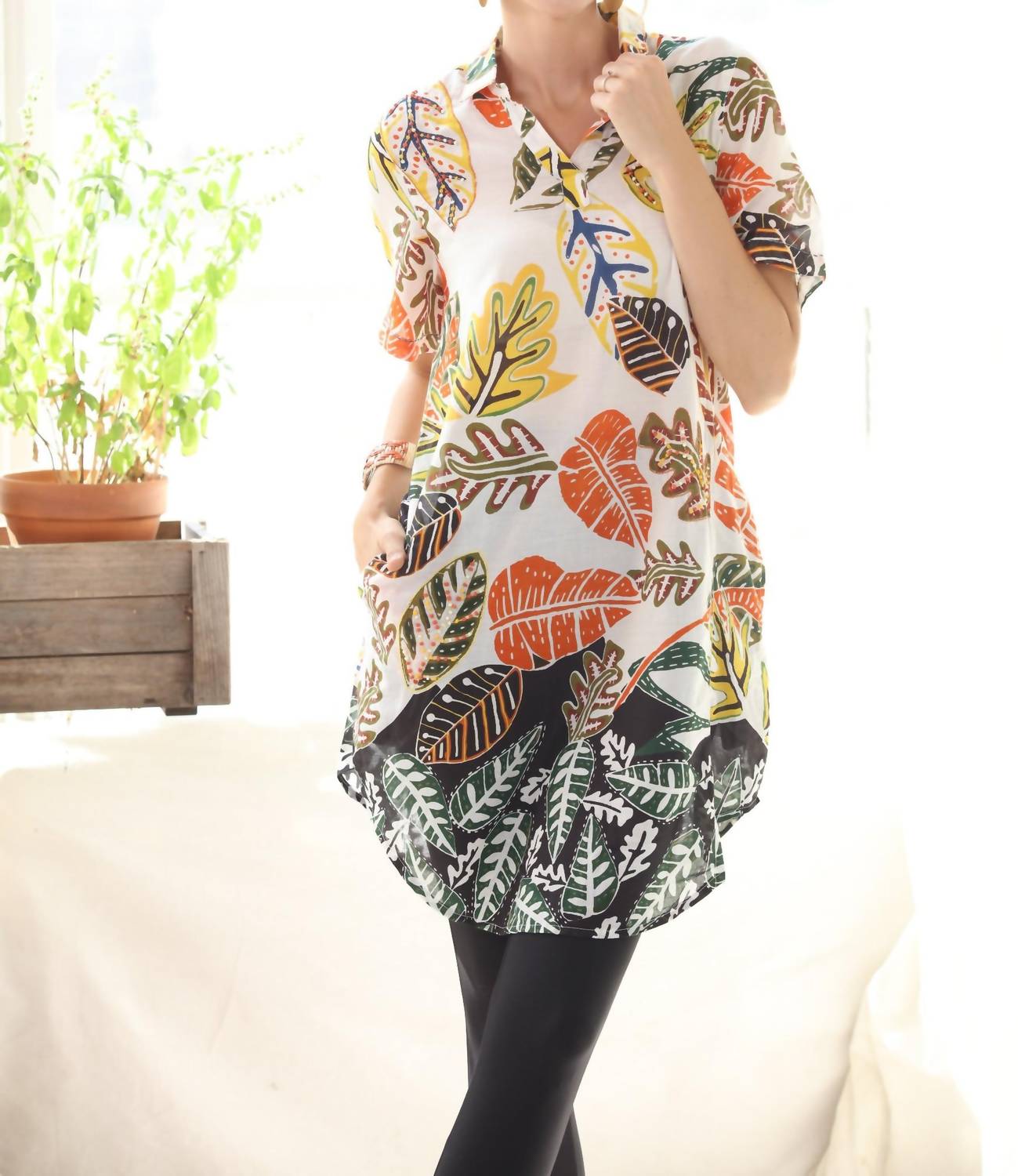 Kikisol - Artisan Leaf With Beading & Embroidered Tunic Top With Pockets