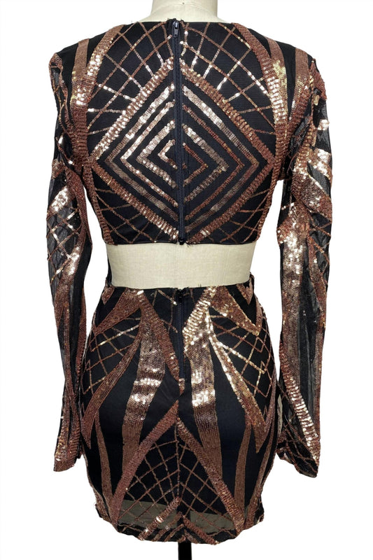Black and Rose Gold Sequin Long Sleeve Mini Dress
