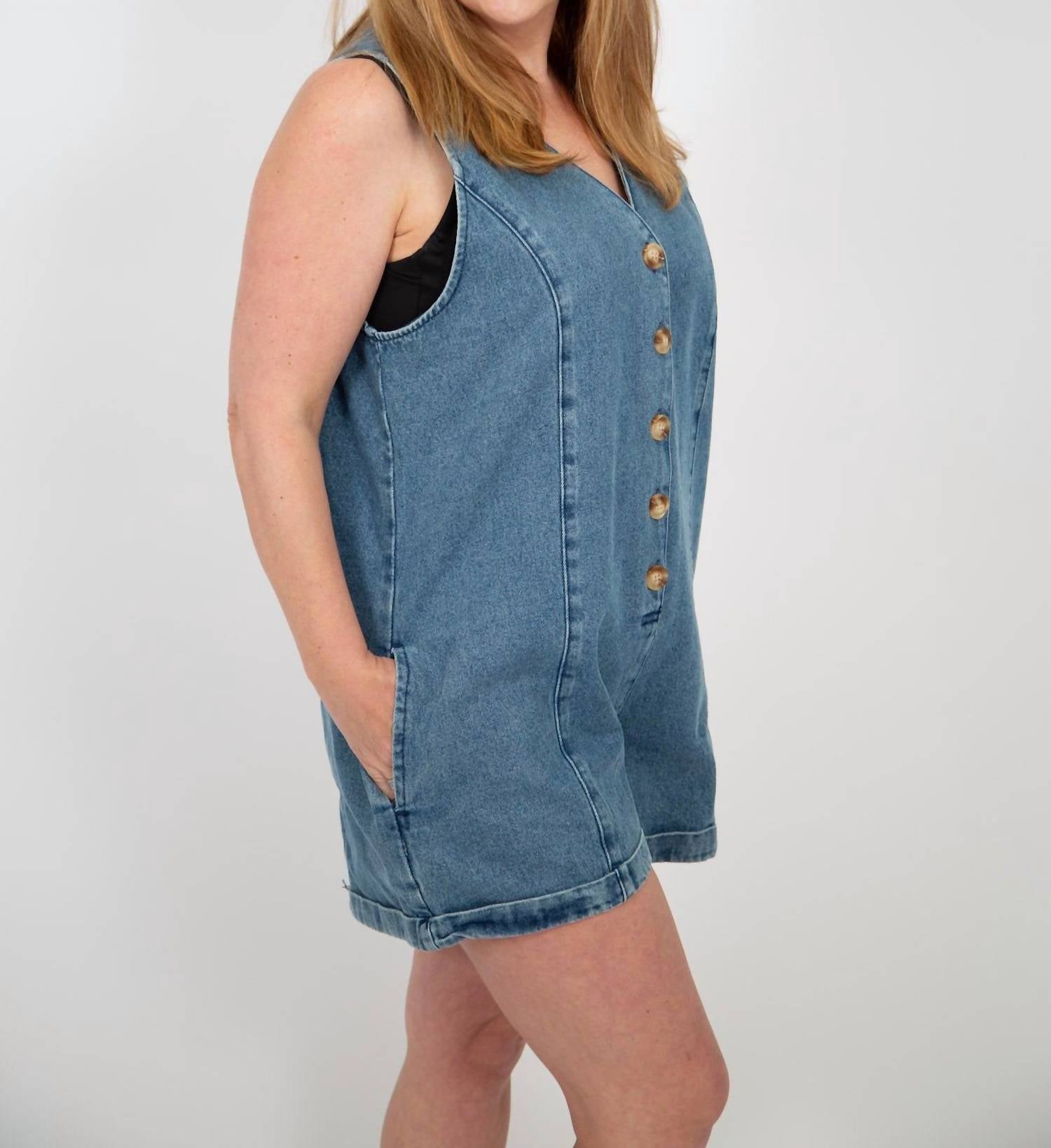 Miou Muse - Button Front Denim Romper