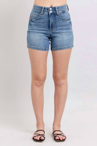 Judy Blue Tummy Control Double Waistband Shorts in cool denim - women's shorts