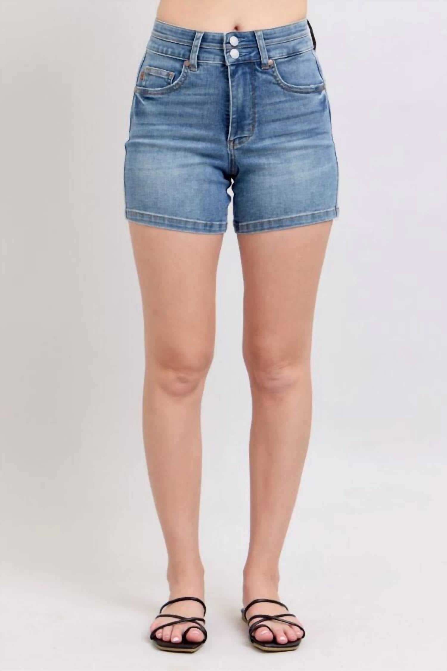 Judy Blue Tummy Control Double Waistband Shorts in cool denim - women's shorts