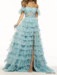 Sherri Hill Ruffle Corset Slit Gown in aqua print - women's dress - alternate view