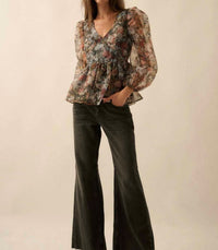 Promesa - Floral Print Organza Puff-sleeve Peplum Top