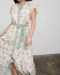 August Sky - Floral Border Print Belt Strap Midi Dress