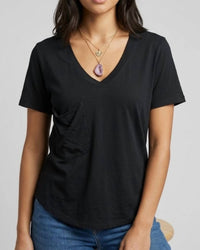 Mila Clothing V-neck Tee with Slouchy Pocket in black - women's t-shirt