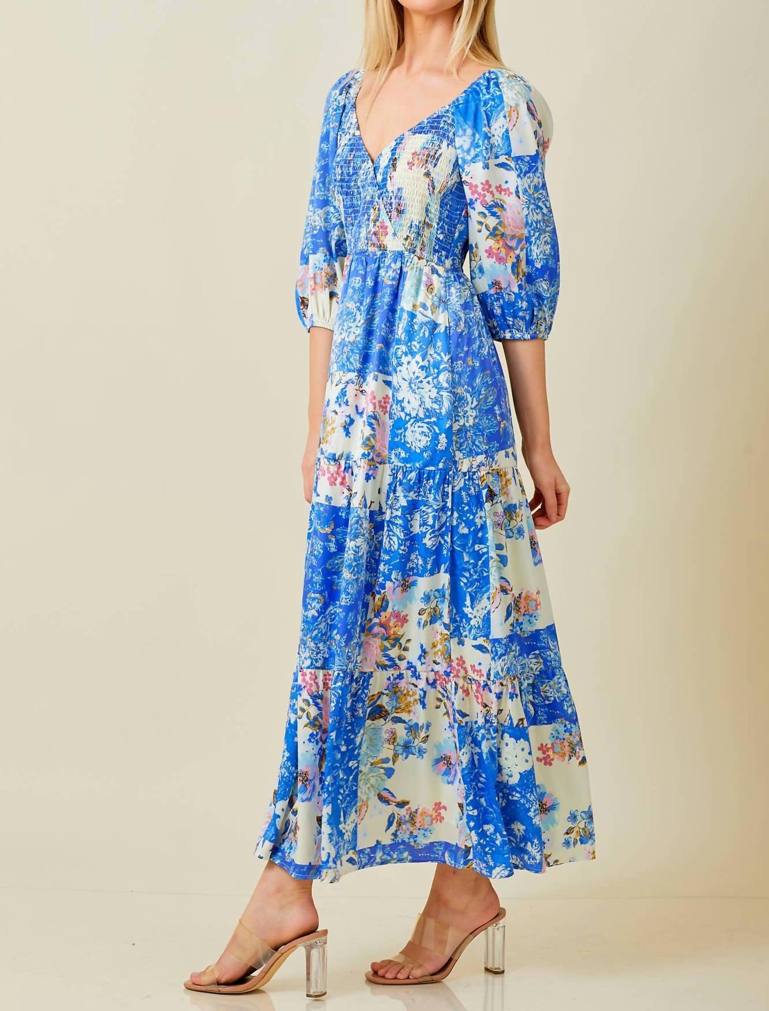 Baevely By Wellmade - Karena Patchwork Print Smocked Maxi Dress