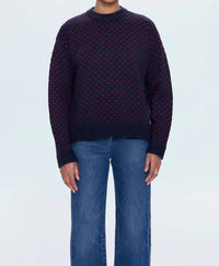PISTOLA Hanna Crew Neck Oversized Sweater in navy red hearts - women's sweater