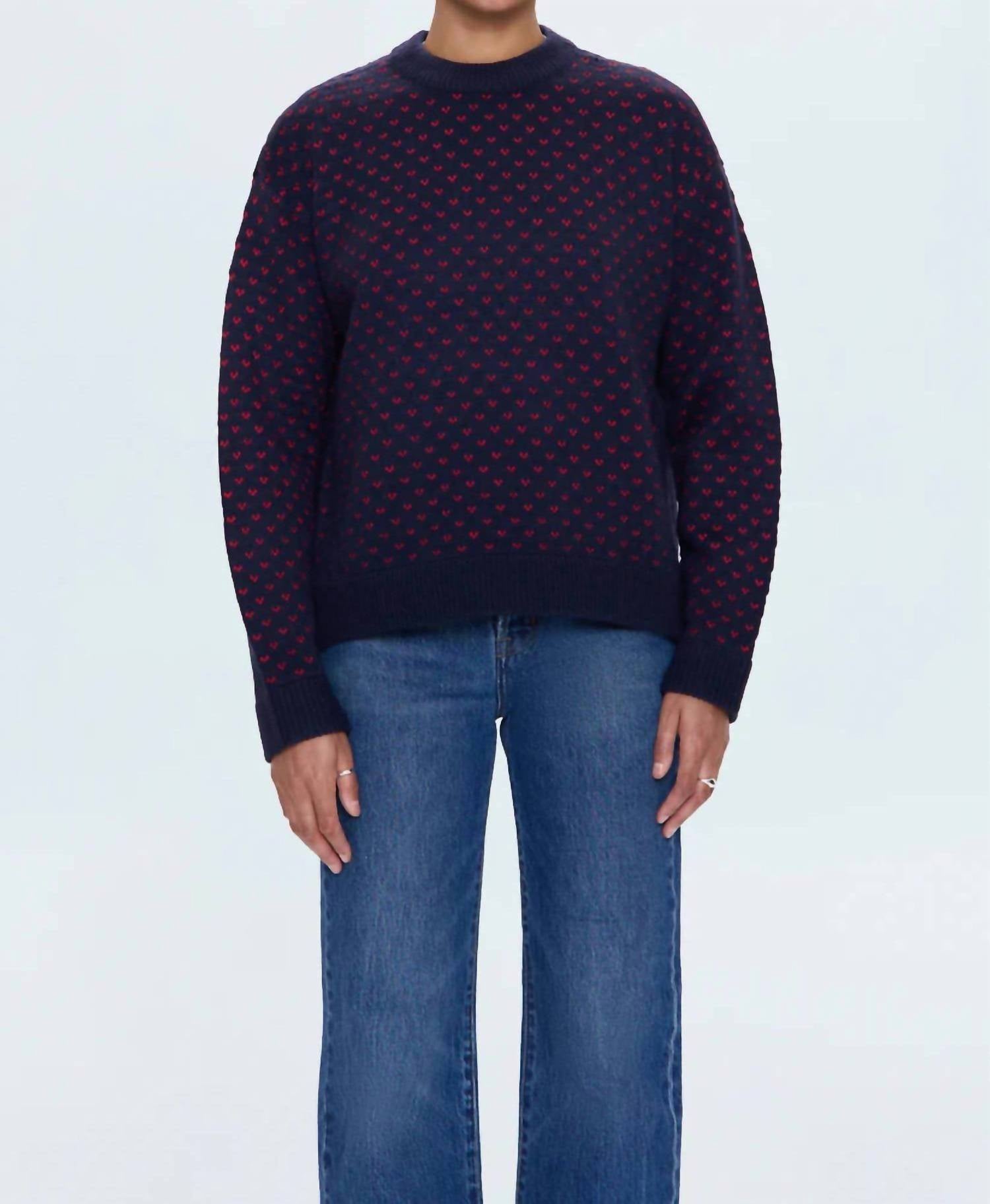 PISTOLA Hanna Crew Neck Oversized Sweater in navy red hearts - women's sweater