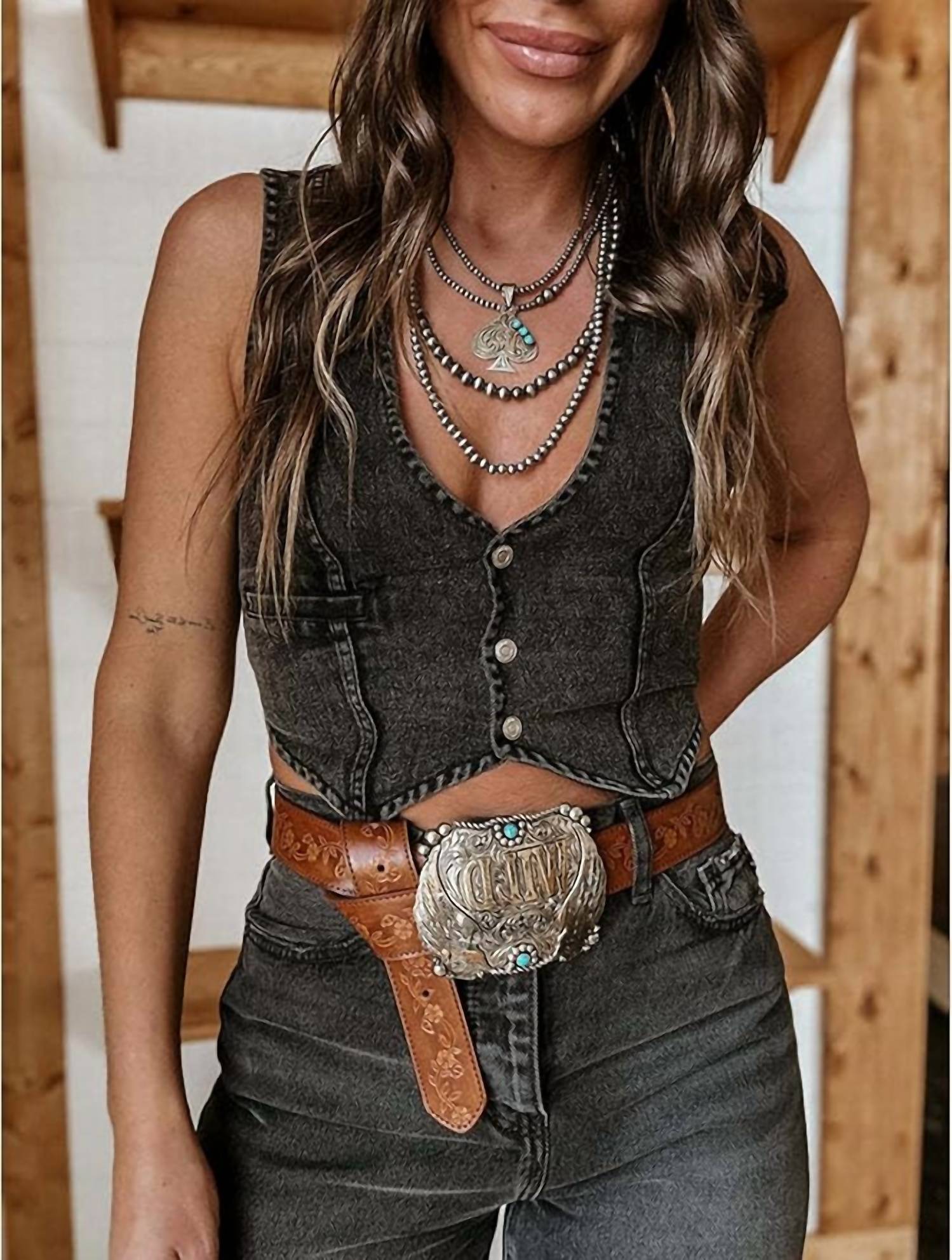 Rosa Clothing - Hottie Sleeveless V-Neck Denim Tank Top Vest