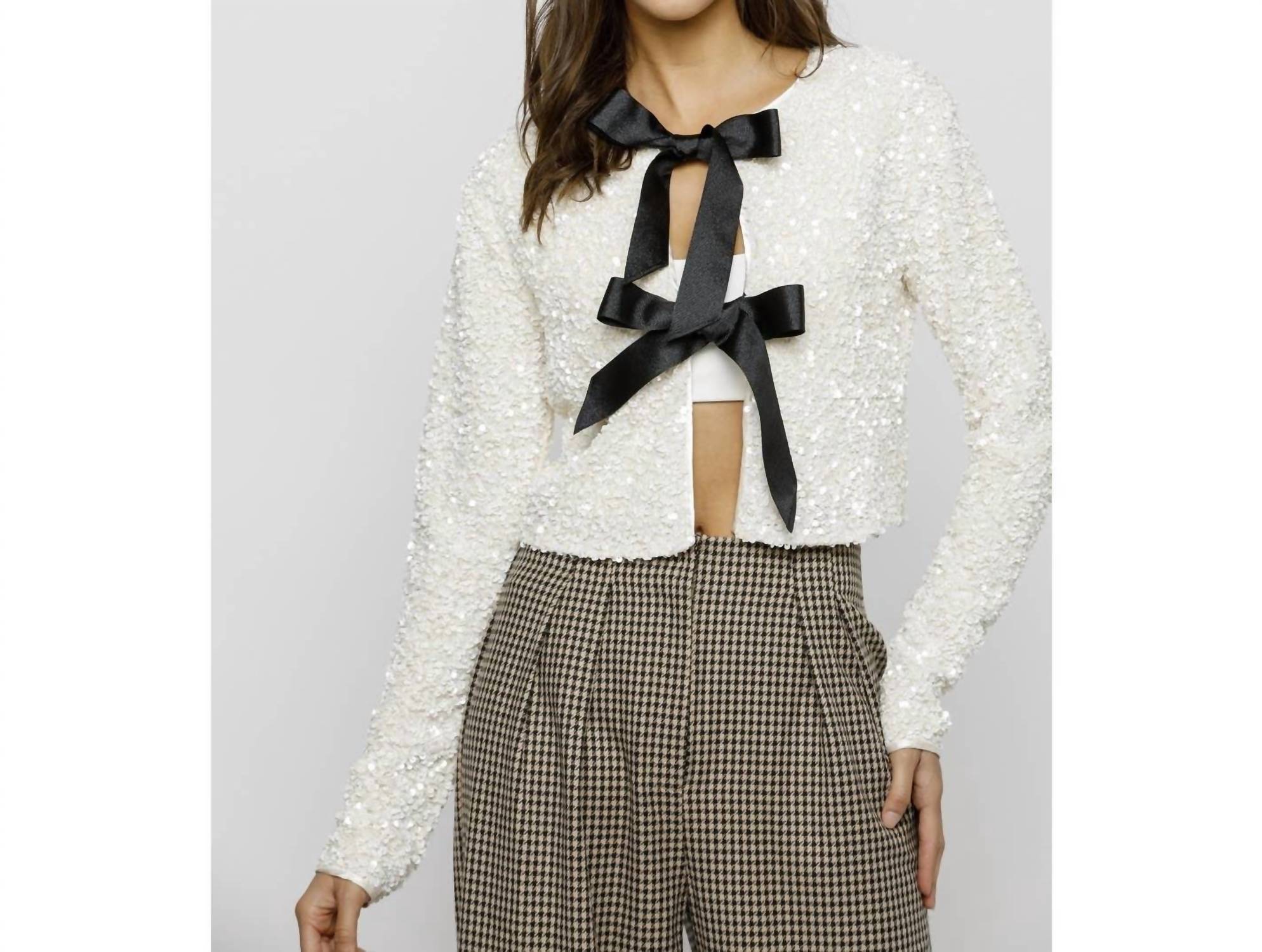 STORIA Solid Sequin Ribbon Bow Jacket in cream black - women's jacket - detail view