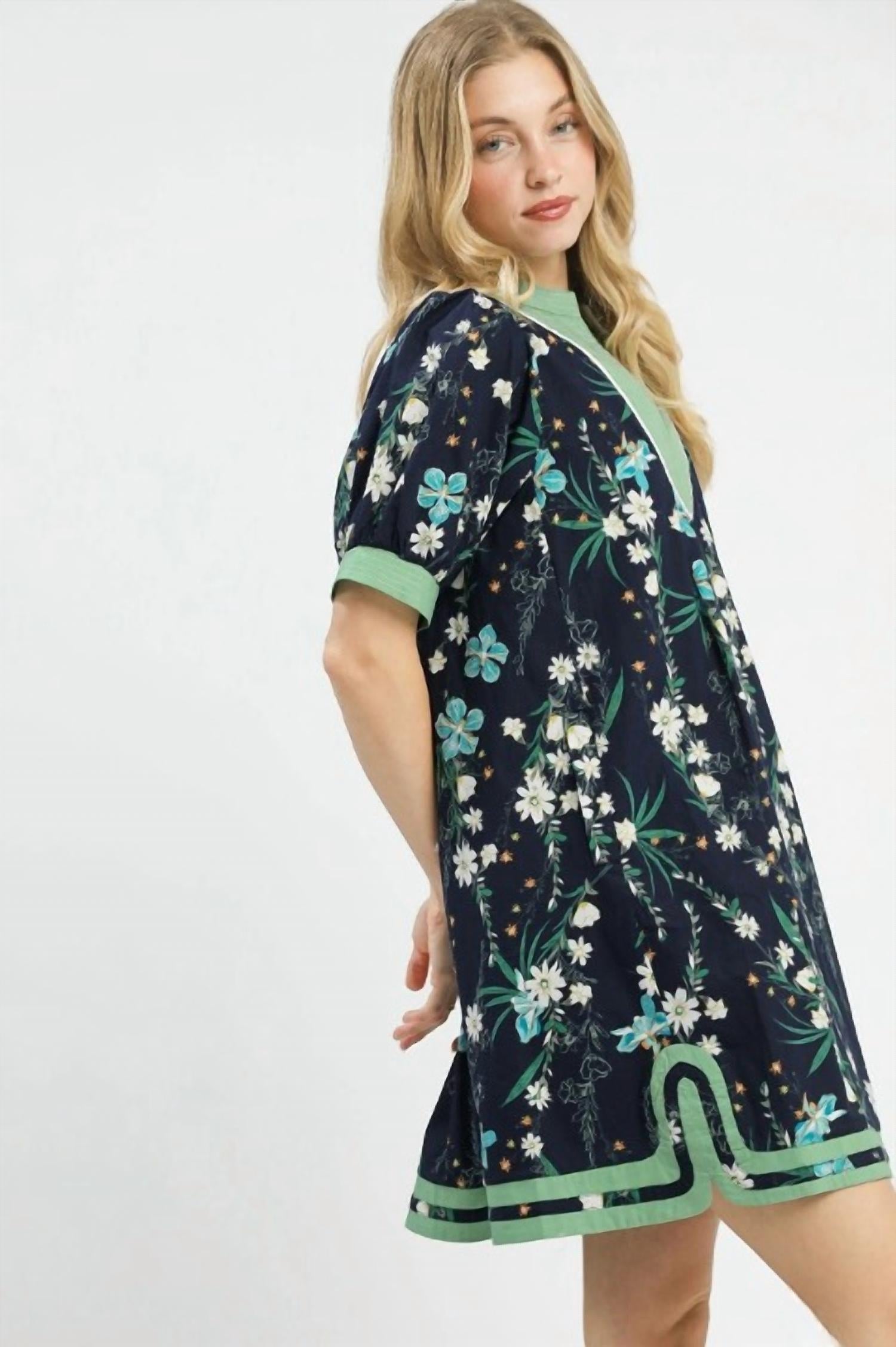 Umgee - Floral Puff Sleeve Dress With Contrast Trim