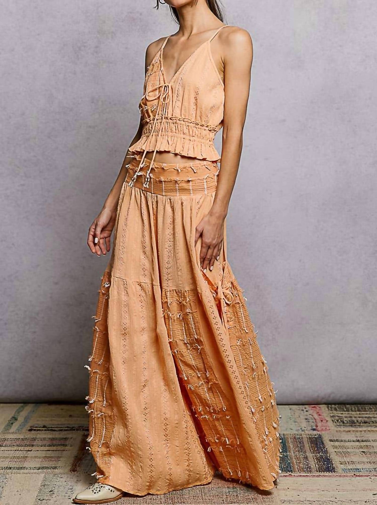 POL Boho Ruffle Contrast Shell Trim Wide Leg Pants in coral - women's pants - view 5