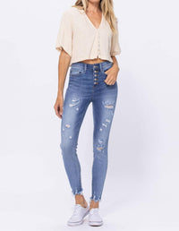 Judy Blue - High Waist Destroyed Button Fly Skinny Jeans