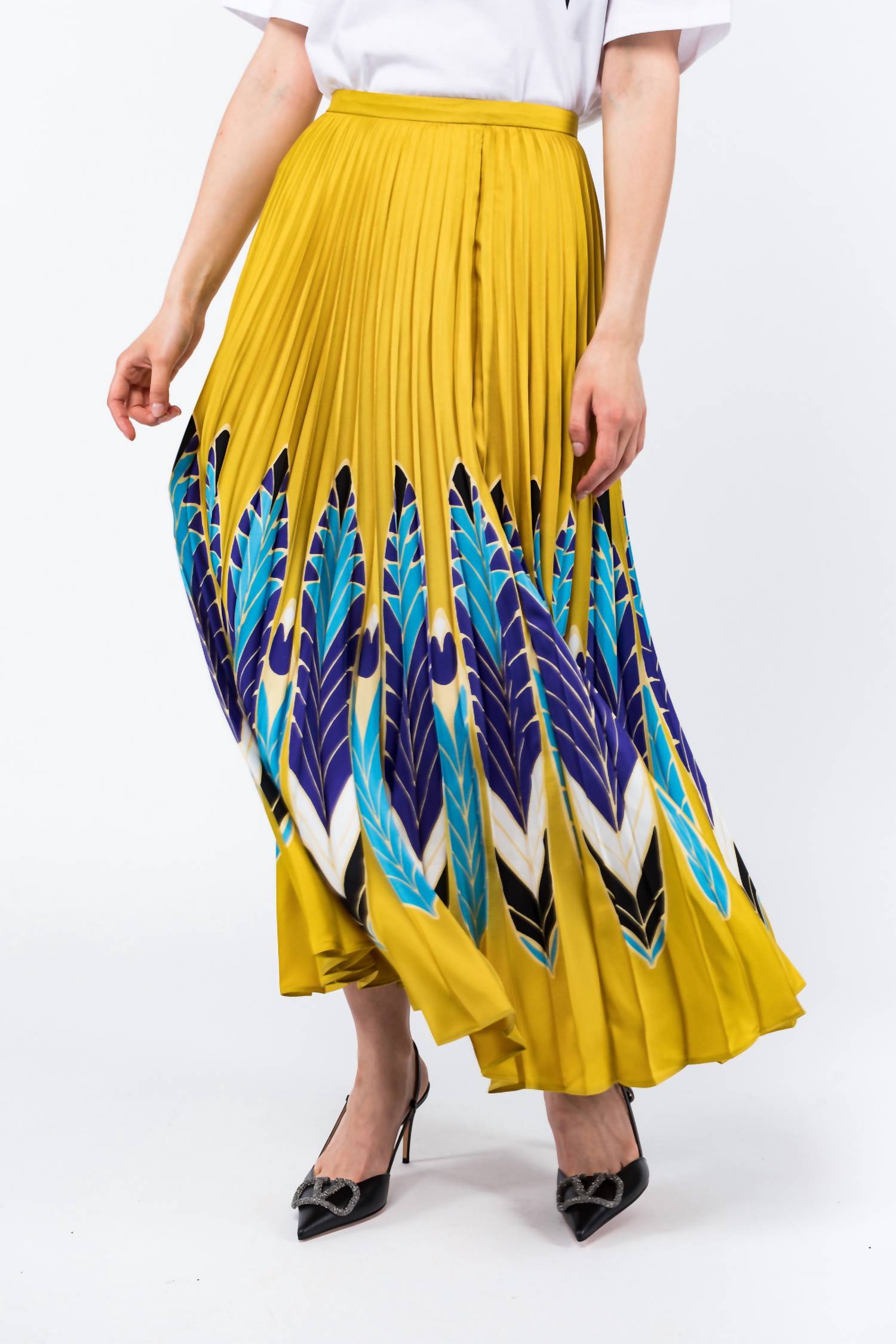 Valentino - Feather Print Pleated Skirt