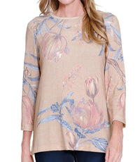 Multiples 3/4 Sleeve Scoop Neck Embellished Top in floral - women's blouse