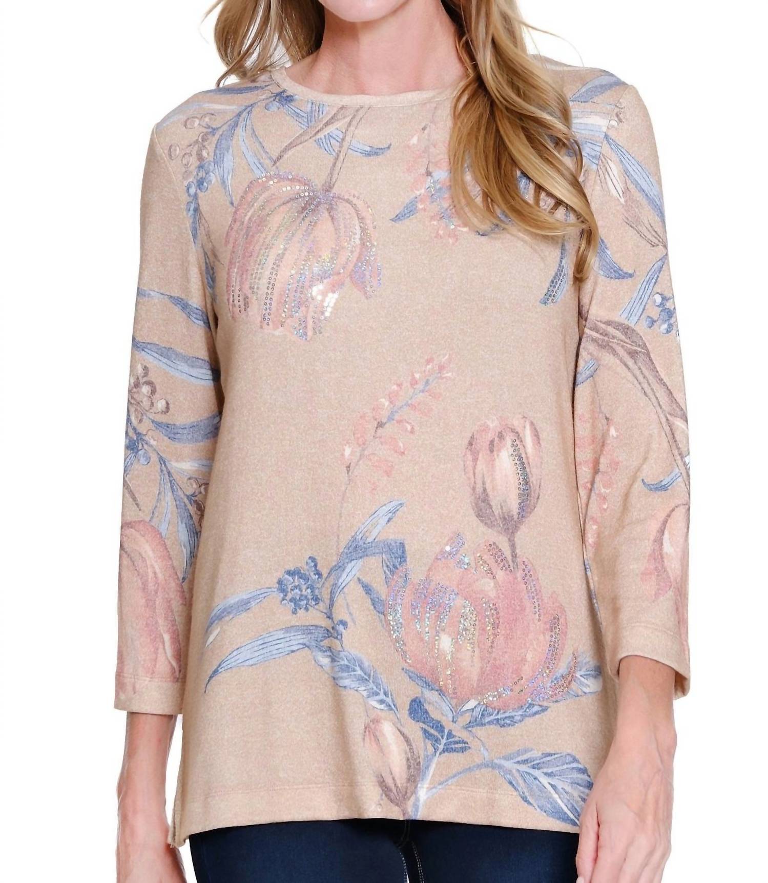 Multiples 3/4 Sleeve Scoop Neck Embellished Top in floral - women's blouse