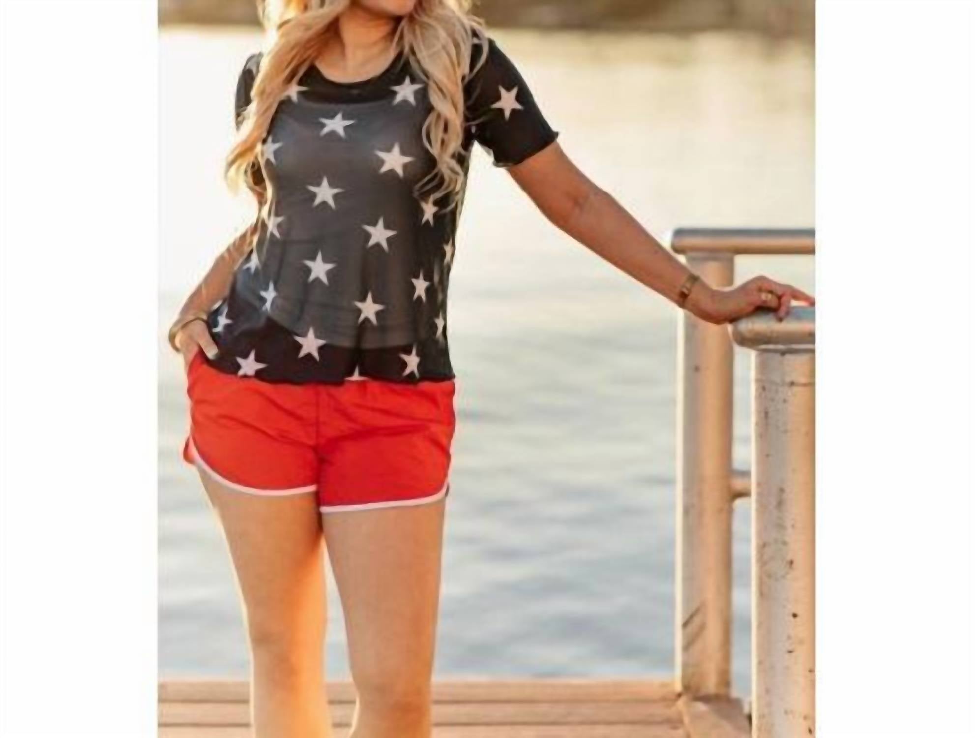 Southern Grace Star Mesh Top Sheer Stretch Tee in navy - women's t-shirt - detail view