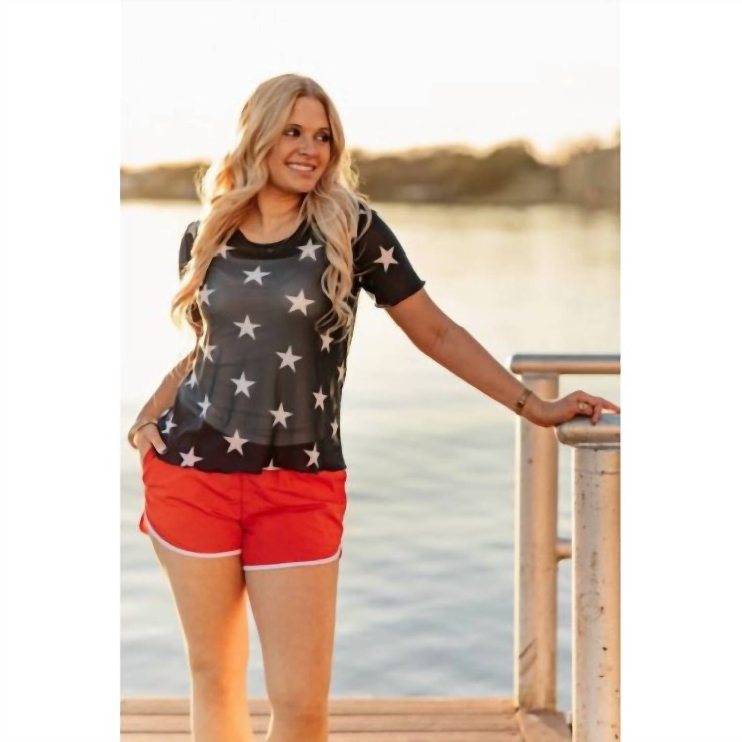 Southern Grace Star Mesh Top Sheer Stretch Tee in navy - women's t-shirt - alternate view
