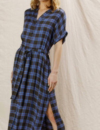 En Creme - Plaid Button Down Belted Shirt Dress