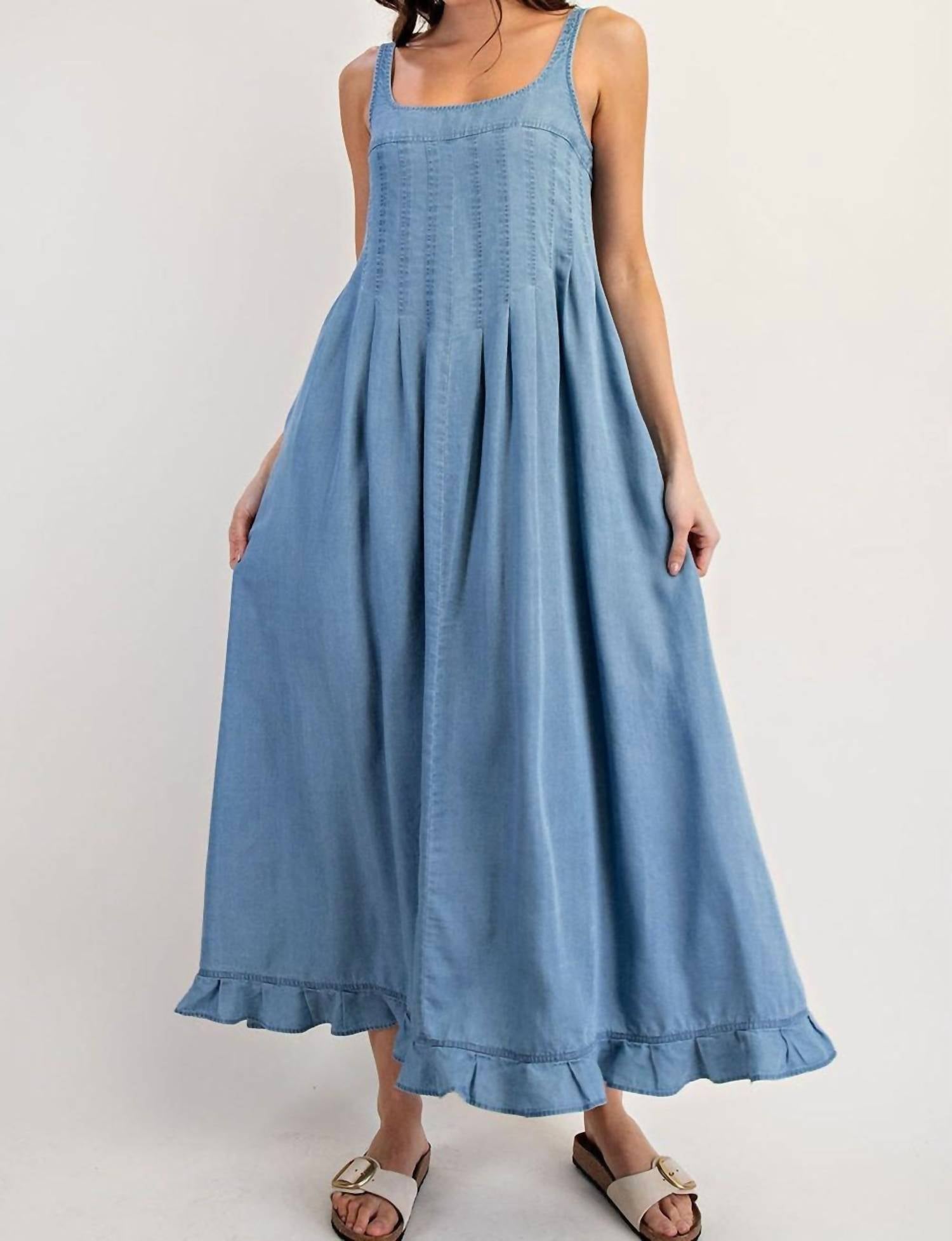 Ee:Some - Denim Ruffle Hem Sleeveless Maxi Dress