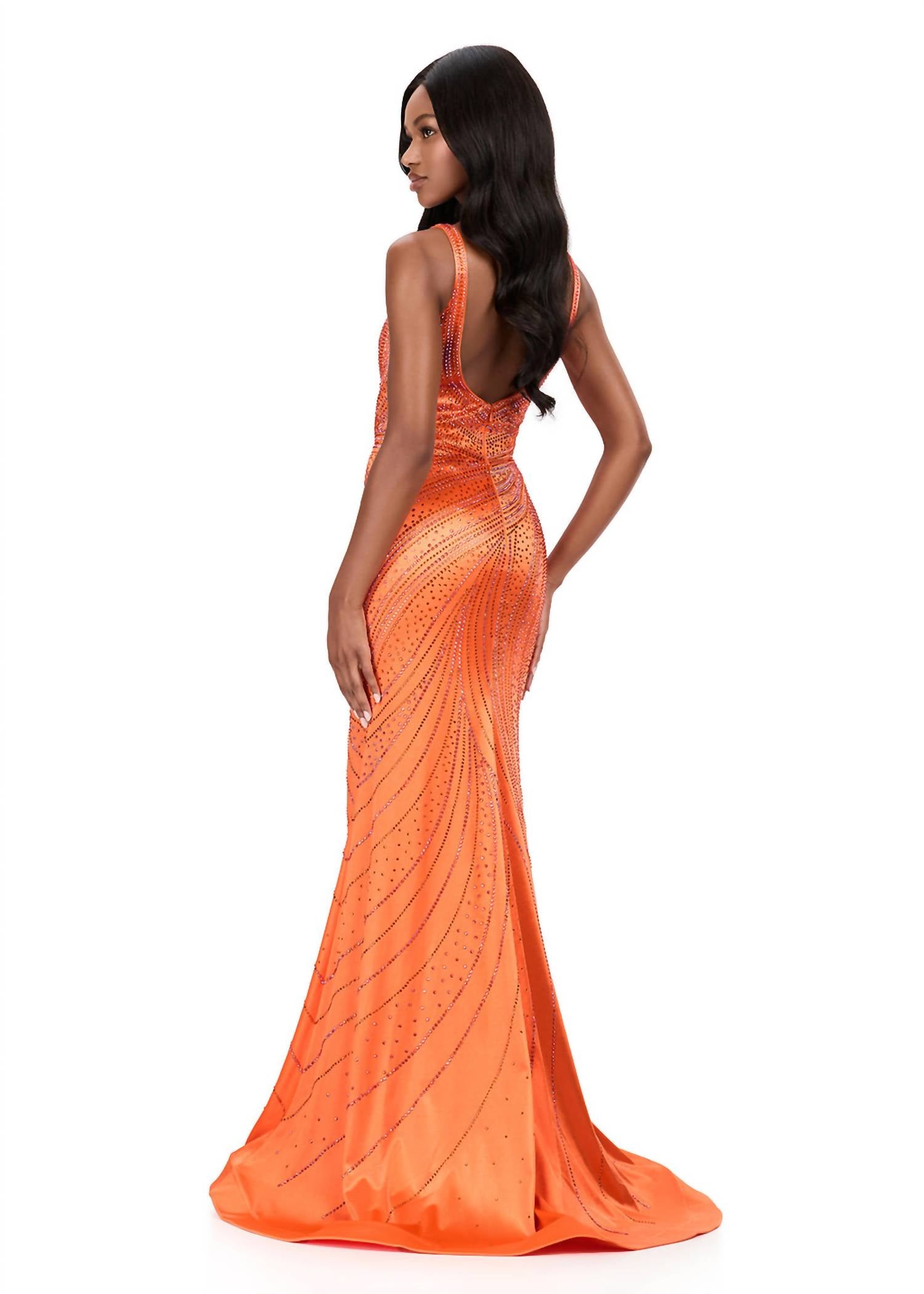 ASHLEYlauren Dazzling Plunging V-neckline Gown in orange - women's dress - alternate view