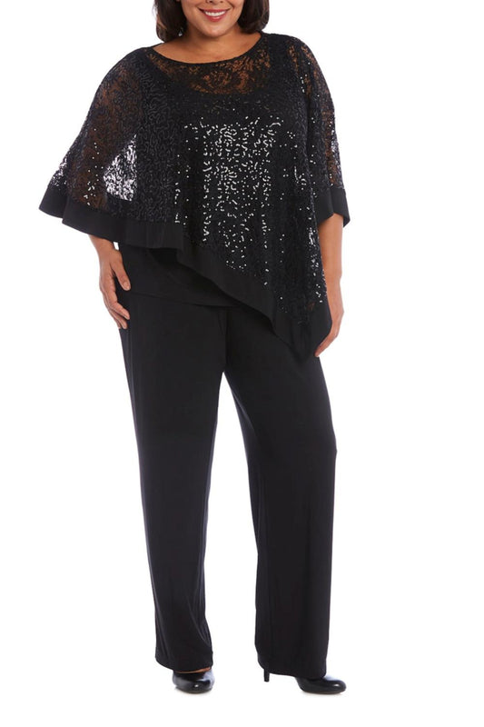 R&M Richards - Sequined Lace Poncho 2-Piece Pants Set