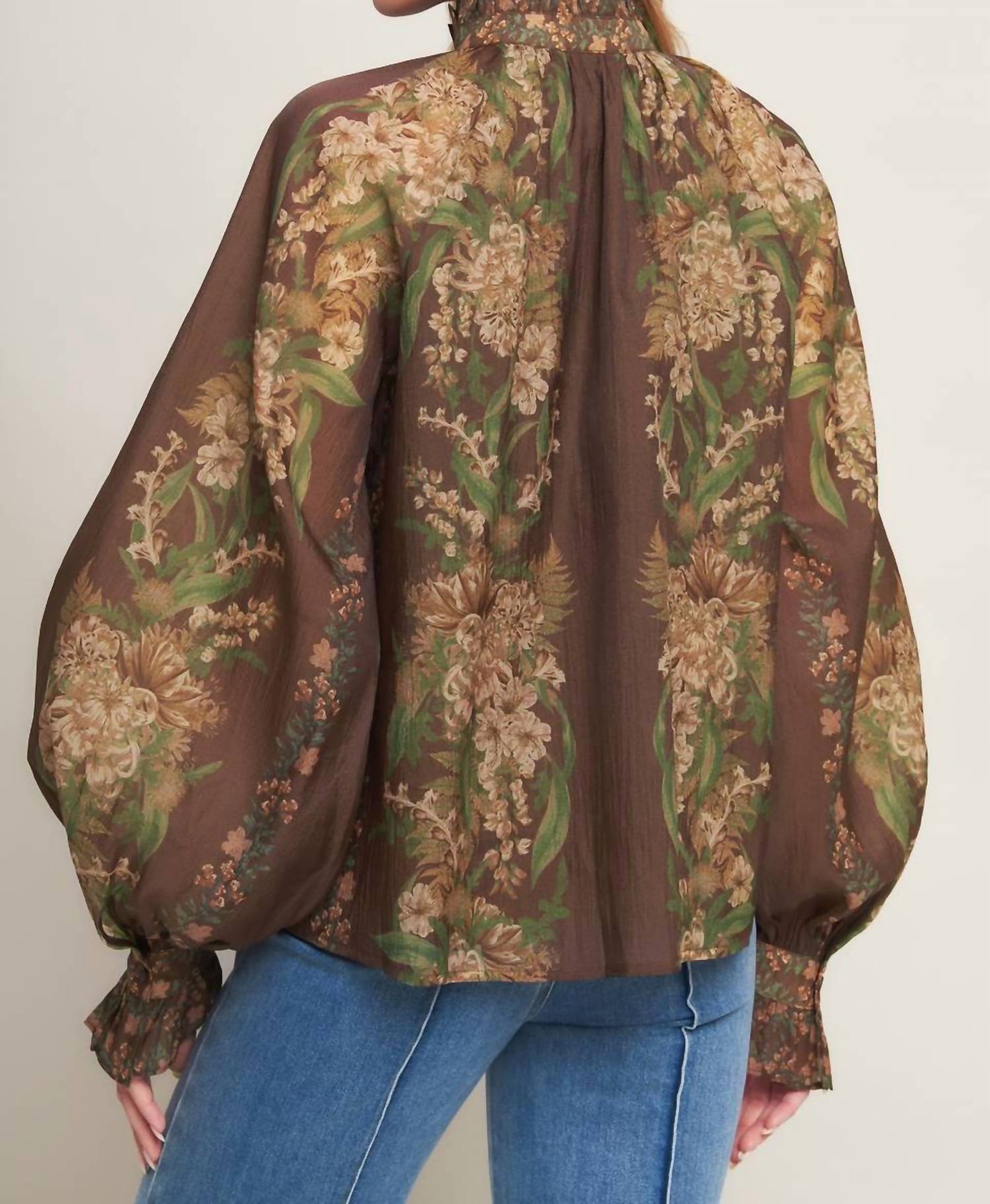 Flying Tomato - Balloon Sleeve Botanical Printed Blouse