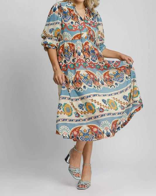 Umgee - Border Print Tiered Midi Dress