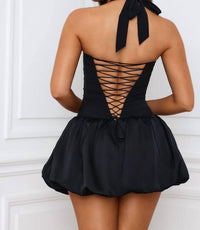 Oh Polly - Ludmila Halterneck Lace-up Bubble Hem Corset Micro Mini Dress